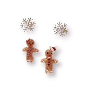 Betsey Johnson Christmas Stud Earrings Mismatch Brown Gingerbread & Snowflakes